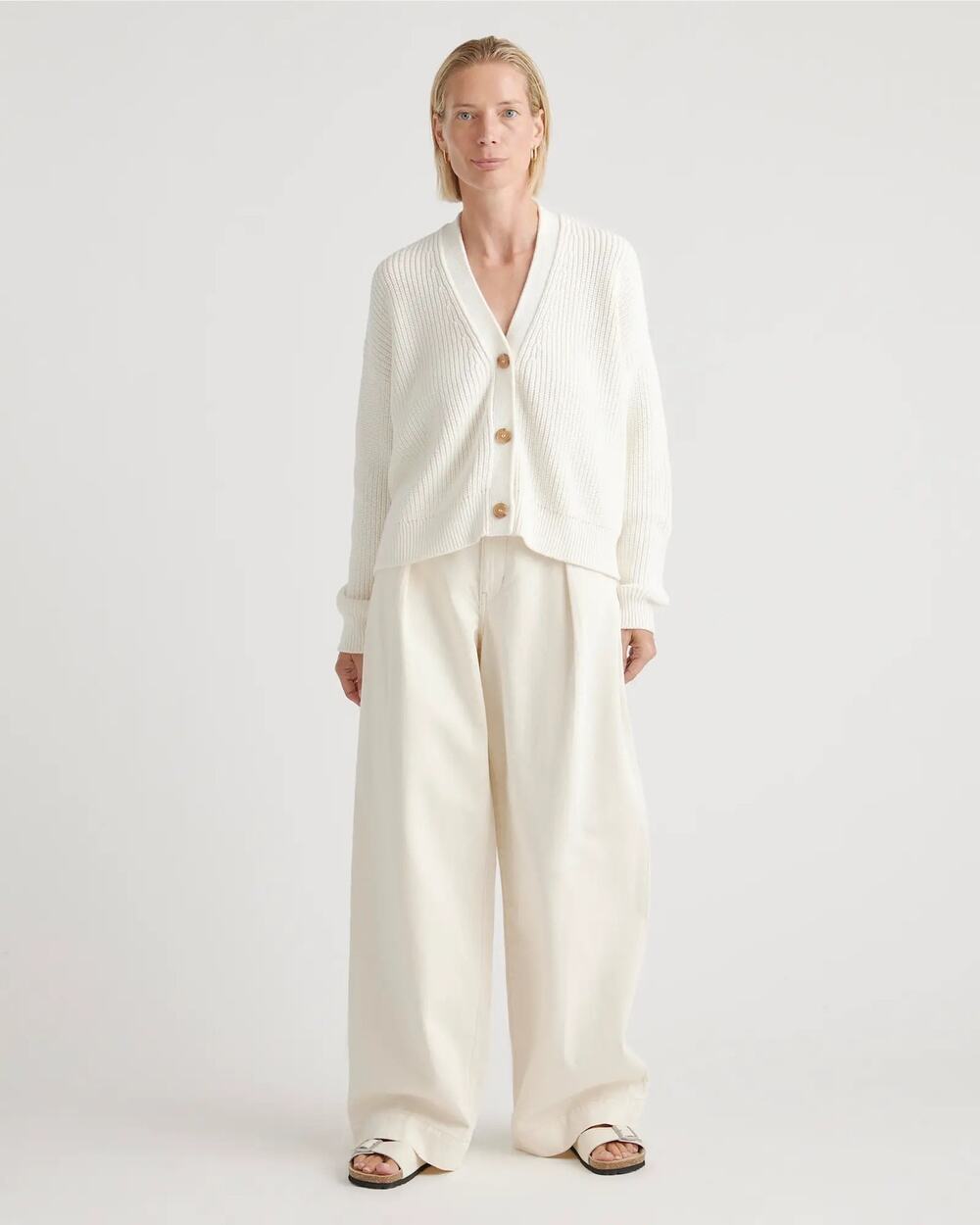 Quince 100% Organic Cotton Fisherman Boxy Cropped Cardigan Ivory M